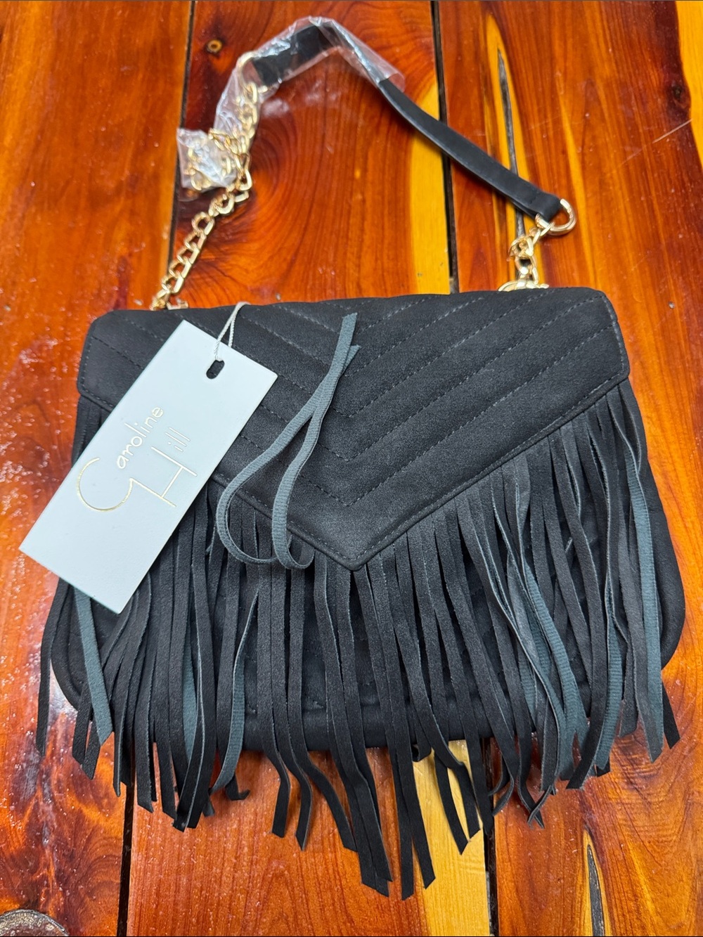 Caroline Hill Black Suede Fringe Crossbody with Gold Chain